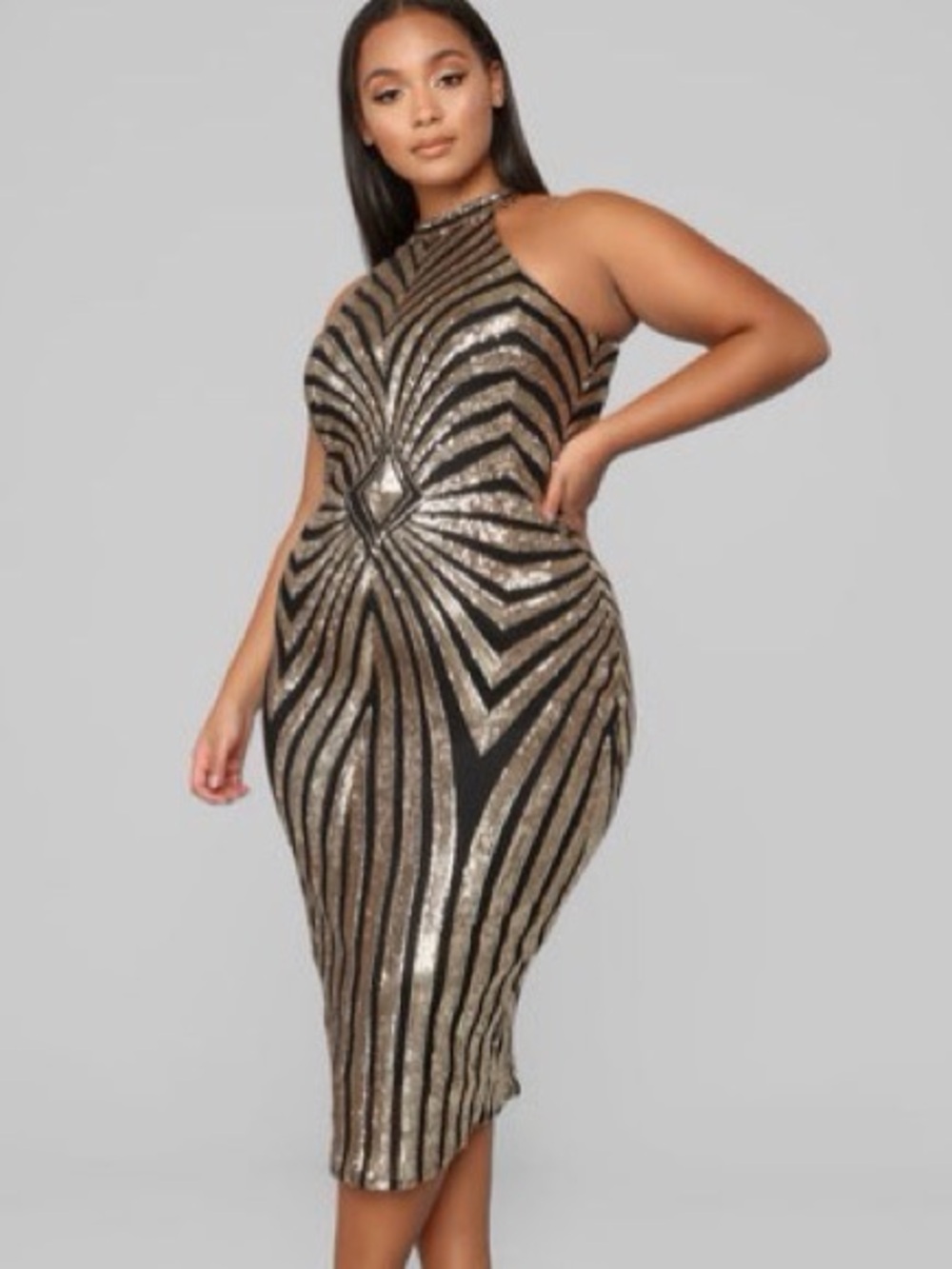 Fashion Nova Black and Gold Sequin Halter Maxi Dress